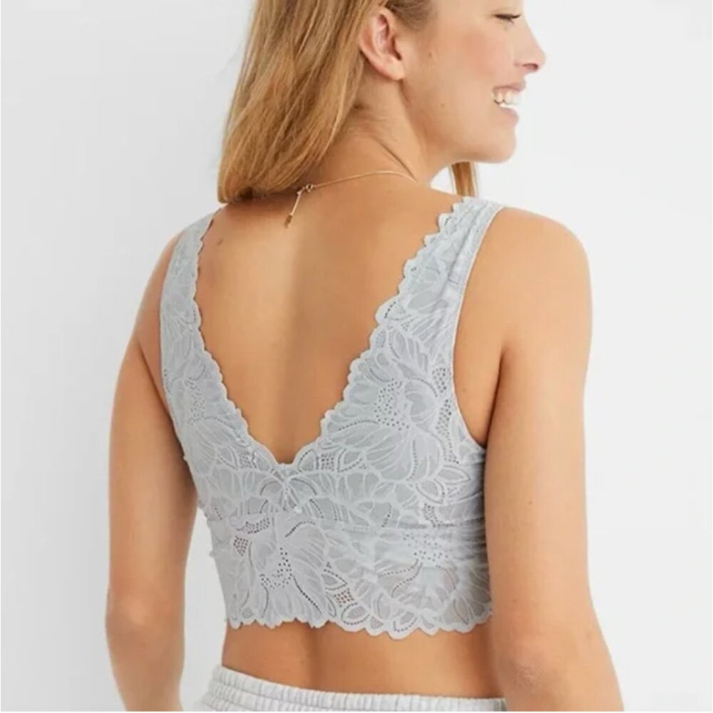 Aerie Lace Waffle Longline Bralette in Light Gray Size S New with Tags